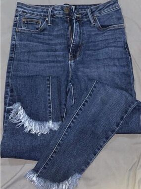 Just Black Dark Blue Distressed Frayed Hem Ankle Jeans